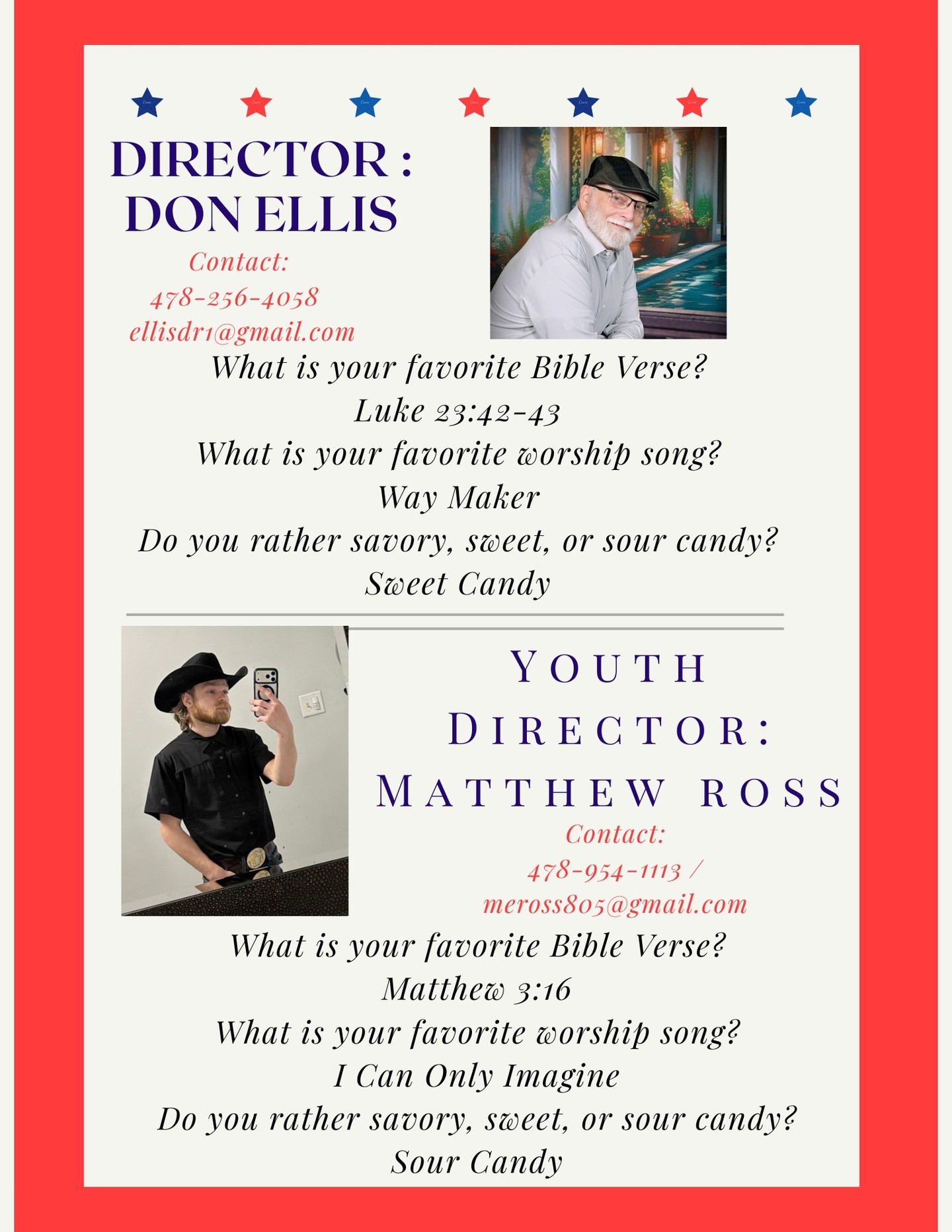 Meet our Central Georgia Young Men's Vida Nueva #51 Director Don Ellis and Youth Director Matthew Ross

Please be in prayer as we start to have our meetings in preparation of the weekends.