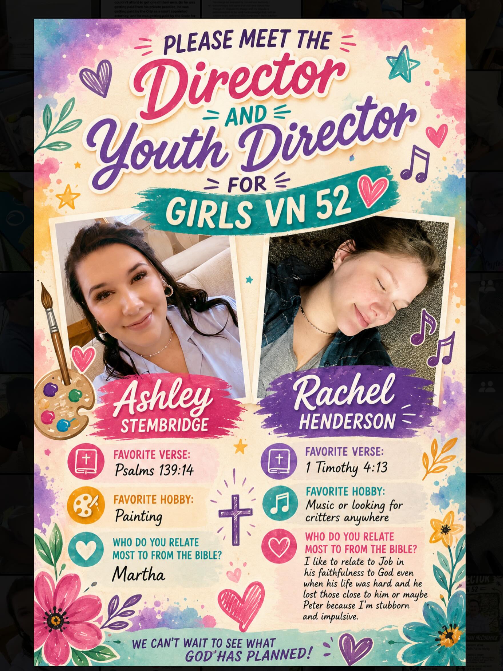 We’re excited to begin meetings for the upcoming Central Georgia Vida Nueva weekends! We would love to introduce the Directors and Youth Directors for the girls weekend.

Each of them has a true heart for Vida Nueva and a passion for seeing every candidate grow closer to the Lord. We are expectant and excited to see all that God has planned for these weekends!

Girls Weekend Director: Ashley Stembridge
Girls Weekend Youth Director: Rachel Henderson